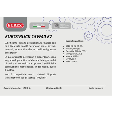 Olio motore Eurex EUROTRUCK 15W-40 E7