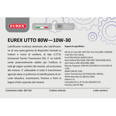 EUREX UTTO  10W-30  Fluido universale per trasmissioni di trattori